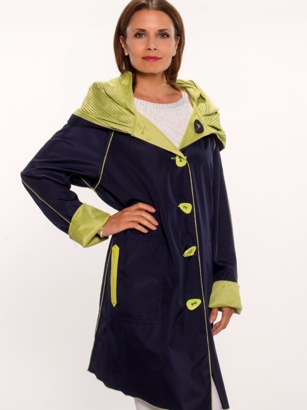 UBU REVERSIBLE NAVY LIME WATER REPELLENT RAINCOAT PLEATED HOOD SIZE M